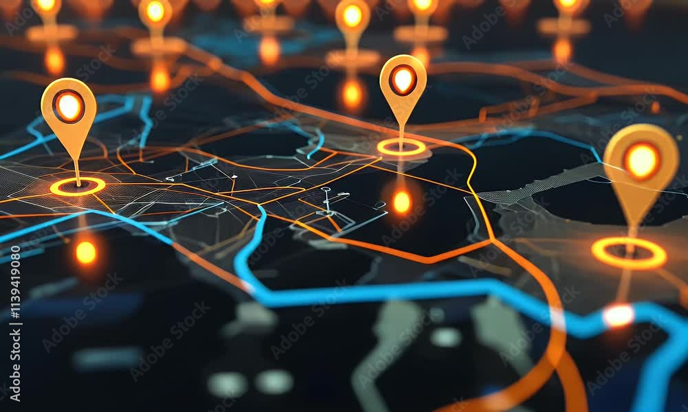 Poster a digital map featuring interconnected location pins, symbolizing global network connectivity and ge