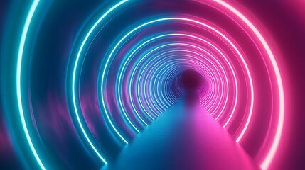 A neon tunnel with a blue and pink glow