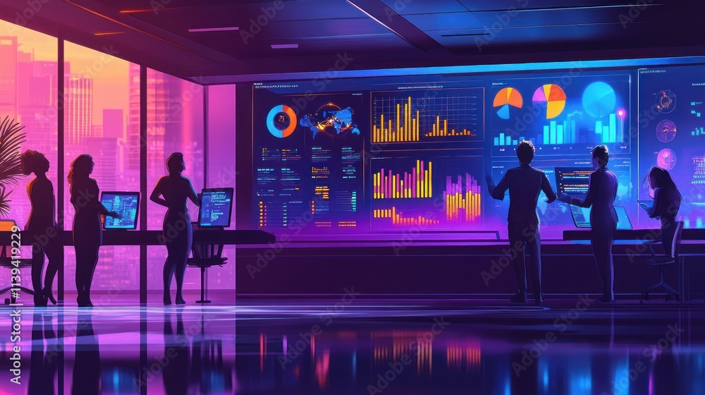 Aufkleber a team analyzing data in a modern office with vibrant visuals and digital displays.