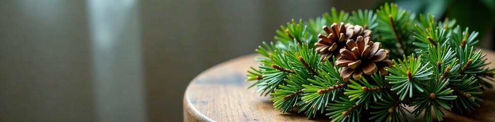 Fototapeta premium Pine needle and pinecone wreath on a side table, garland, pine needles