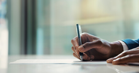 Business document, hands or writing on contract for signature agreement, application or policy...