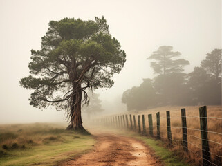 Fototapeta premium Photo of a foggy pine tree, next to a road with a fence, in a rural landscape, South Africa Goss. tall pine tree stands on the side of an empty road,morning in South Africa. A fence surrounds it.