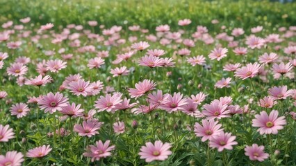 Pastel pink flowers in a field of green against a soft focus background , floral, blooming, flower fields