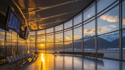 Fototapeta premium A serene airport terminal with large windows showcasing a sunset and mountains in the background.