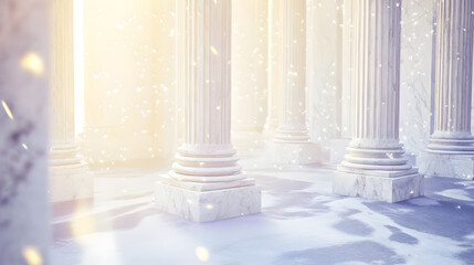 A white building with pillars and snow on the ground. The pillars are tall and white, and the snow is falling from the sky. The scene is peaceful and serene, with the snow creating a sense of calmness