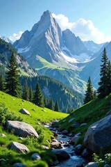 Obraz premium Mountain landscape with lush greenery and granite rocks, trees, nature, rock