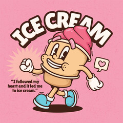 Ice Cream Trendy Retro Cartoon Vector Hand Drawn 