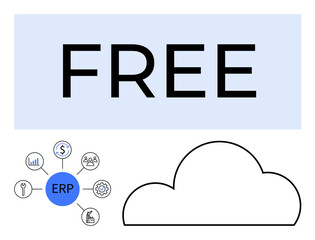 FREE text, ERP system icon with surrounding symbols, cloud outline. Ideal for ERP software, cloud technology, cost-efficiency, business management, IT solutions, data integration and enterprise