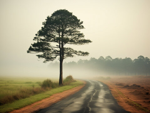 Photo of a foggy pine tree, next to a road with a fence, in a rural landscape, South Africa Goss. tall pine tree stands on the side of an empty road,morning in South Africa. A fence surrounds it. - Powered by Adobe