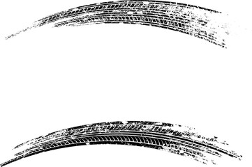 Tire tracks, wheel braking marks. Truck, car or motorcycle tread pattern silhouettes. Auto race, motorsport, speed racing design element. Vector illustration
