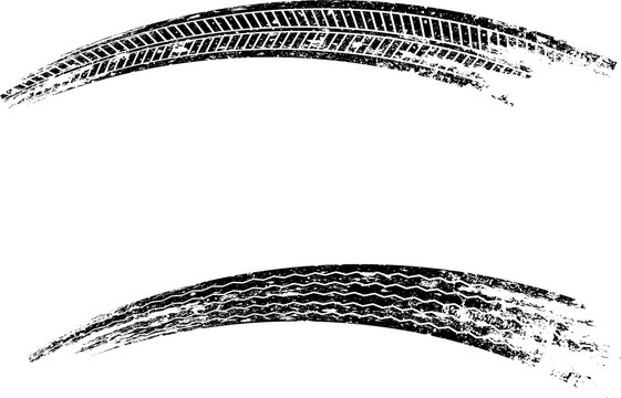 Auto tire tread grunge set. Car and motorcycle tire pattern, wheel tyre tread track. Black tyre print. Vector illustration isolated on white background.