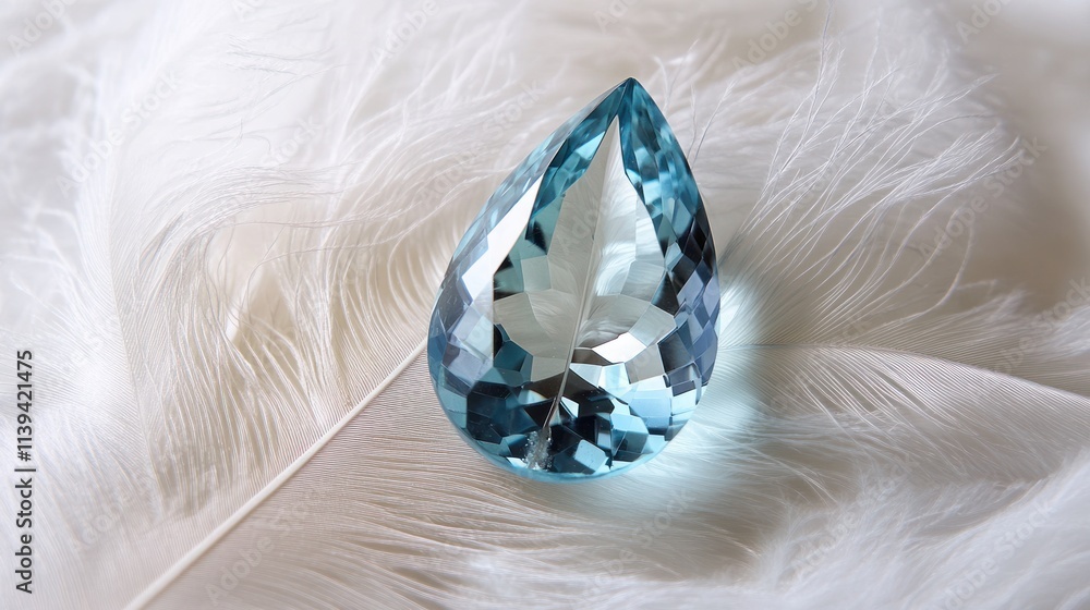 Poster a sparkling blue gemstone resting on soft white feathers, creating an elegant visual contrast.