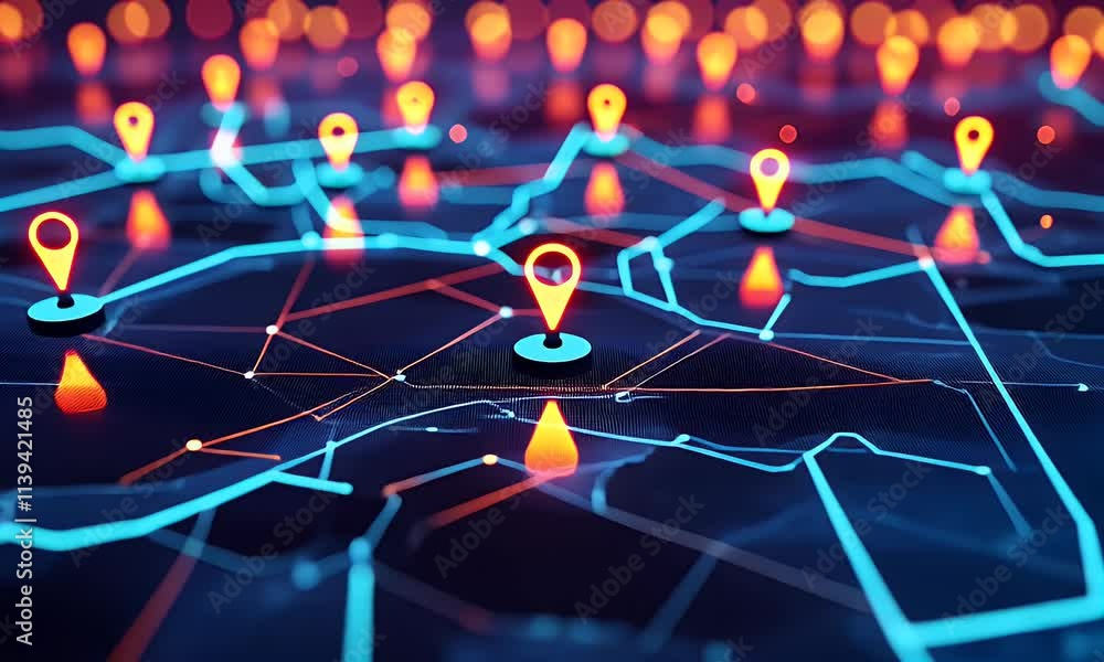Poster a digital map featuring interconnected location pins, symbolizing global network connectivity and ge