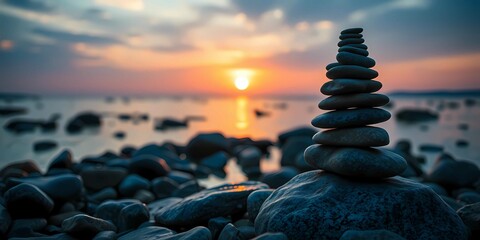 Obraz premium Tranquil sunset over calm water, with stacked stones creating harmony and peaceful natural beauty