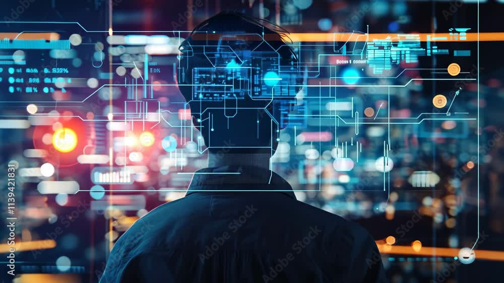 Poster a person is shown working at a desk with an ai hologram overlay in front of them. the video has a fu