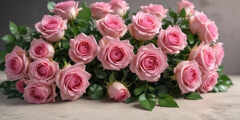 Naklejka premium Freshly picked bouquet of pink roses with greenery, fresh roses, flower arrangement