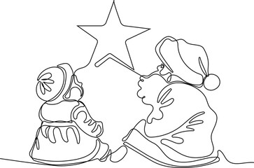 One continuous line drawing Santa Claus on reindeer and sled. concept for Christmas and New Year. vector illustration. Vector illustration