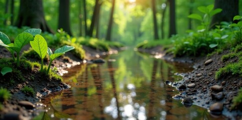 Forest floor with a dirty pond in the background, muddy, dirt