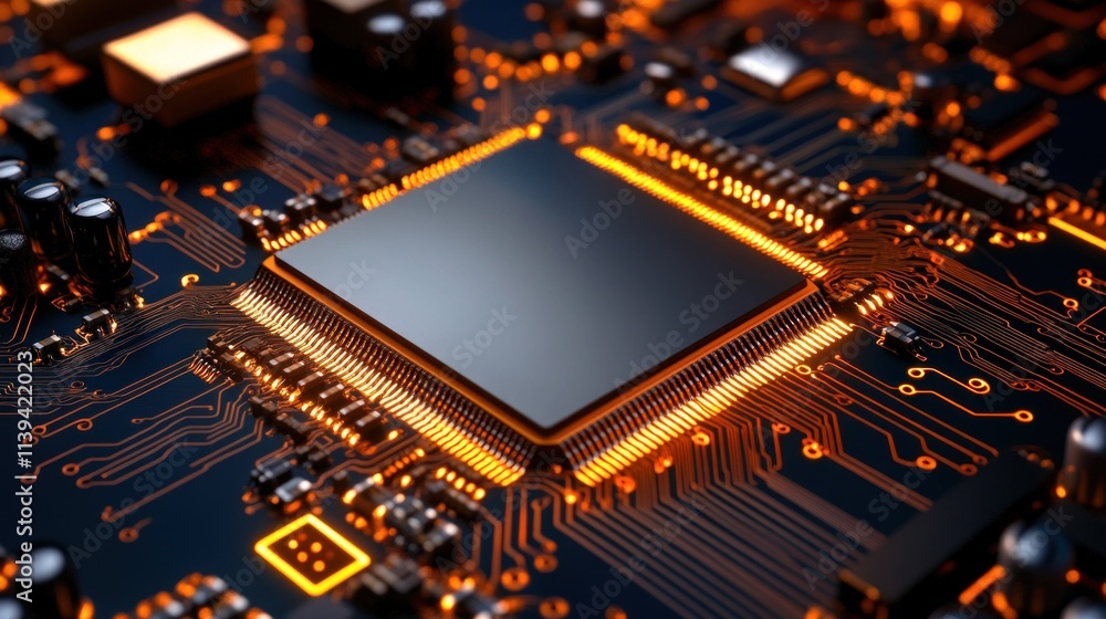Poster detailed look at a modern computer chip placed on a circuit board, showcasing intricate wiring and g