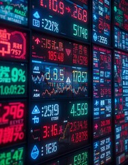 Stock market ticker boards in a neon grid-like design