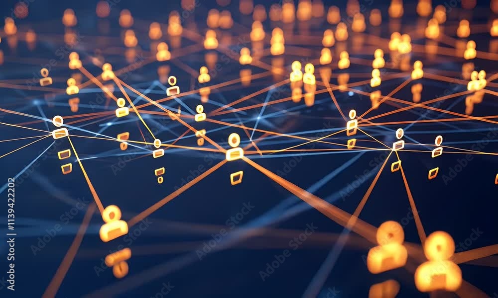 Poster 4k animation showcasing a global network of interconnected people, with glowing icons on a dark back