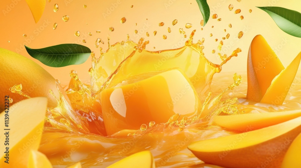 Poster vibrant mango slices and juice splashes create a refreshing tropical scene.