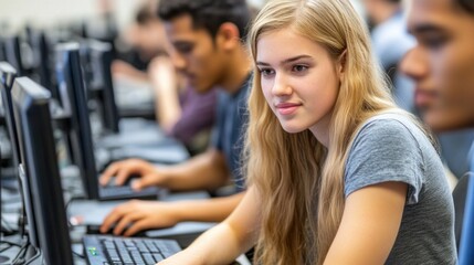 group of students work diligently at their computer stations in a contemporary classroom, focusing on their assignments and collaborating on various projects during a learning session