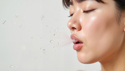 Close-up of a woman sneezing with visible water droplets