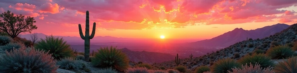 Obraz premium Desert sunset with green cacti against pink sky, nature, flora, warm colors