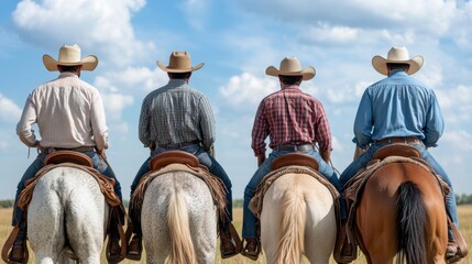 Four cowboys on horseback are seen from behind, enjoying a peaceful ride in a vast open field under a clear blue sky, showcasing camaraderie and the spirit of riding