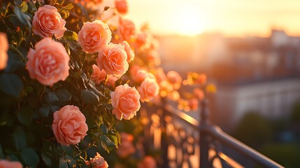 Garden design features lush pink roses basking in the golden glow of sunset, creating a serene and romantic atmosphere perfect for evening strolls.