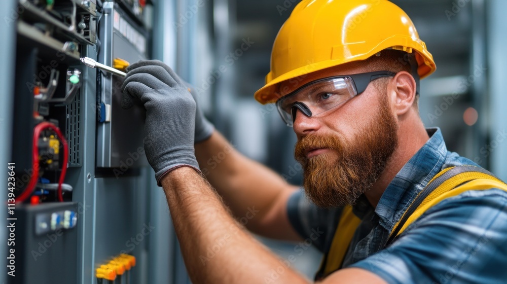 Aufkleber technician with a beard focuses intently while adjusting components on an electrical control panel i