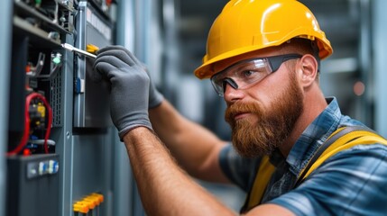 technician with a beard focuses intently while adjusting components on an electrical control panel in a well-lit industrial environment. Safety gear is worn for protection