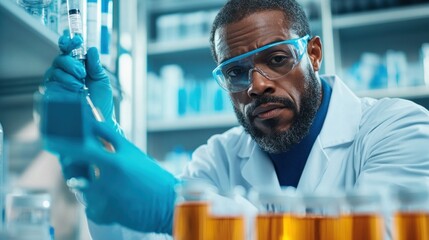 dedicated scientist examines a test tube filled with liquid while surrounded by various samples and equipment in a well-organized laboratory. Attention to detail is evident