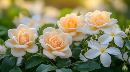 Obraz premium Garden design showcases a vibrant mix of soft peach roses and delicate white flowers, creating a serene, romantic atmosphere filled with greenery.