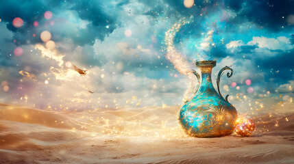 A wish lamp in the desert, with a genie emerging from a bottle.