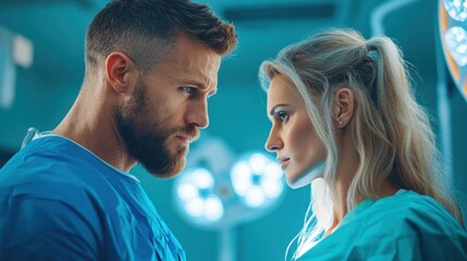 Two medical professionals stand face to face, conveying a powerful connection amidst the busy atmosphere of a surgical room. Bright lighting enhances their focused expression and determination