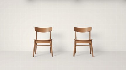 Obraz premium Two wooden chairs are sitting in front of a white wall