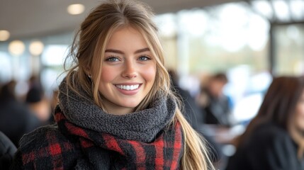 Fototapeta premium cheerful woman with long hair and a bright smile stands in a bustling cafe. Her stylish plaid scarf adds warmth to her outfit as she enjoys the lively atmosphere filled with people