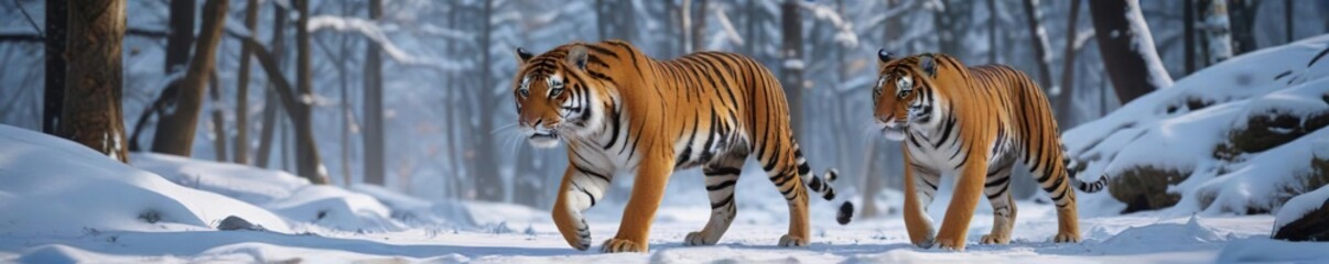 Fototapeta premium Bengal tiger walking on snowy ground in the forest, bengal, snow, bengal tiger walk snow forest ground landscape wildlife nature animal