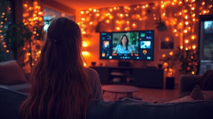 Fototapeta premium Woman sitting on a cozy couch watching a TV screen in a warm, beautifully lit living room with glowing string lights creating a relaxing atmosphere.