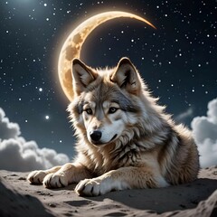 A serene wolf rests atop a rocky perch surrounded by fluffy clouds, with a crescent moon and twinkling stars in the background, symbolizing the mystical connection between nature and the cosmos.