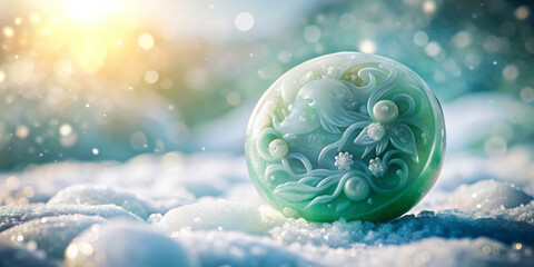 close up shot of polished jade carving featuring intricate designs, illuminated by soft sunlight. serene atmosphere enhances beauty of jade piece