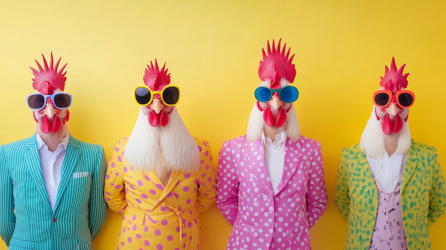 creative concept of a group of chickens dressed in vibrant, fashionable outfits, isolated on a solid background, perfect for advertisement and quirky designs.