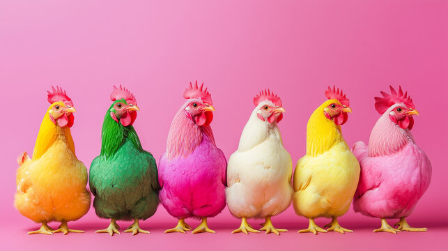 creative concept of a group of chickens dressed in vibrant, fashionable outfits, isolated on a solid background, perfect for advertisement and quirky designs.