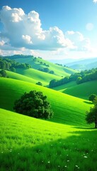 Fototapeta premium A landscape featuring rolling hills and green clumps, NaturePhotography, CountrysideView