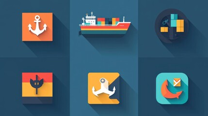 Fototapeta premium A clean and modern vector icon set showcasing a cargo ship, anchor, and steering wheel, representing maritime cargo delivery in vibrant colors
