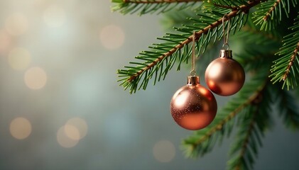 Obraz premium A bare pine branch decorated with shiny copper balls hanging, holiday, pine
