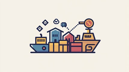 Obraz premium A creative icon design of a delivery route with a truck, a ship, and a pallet, illustrating the interconnected shipping process