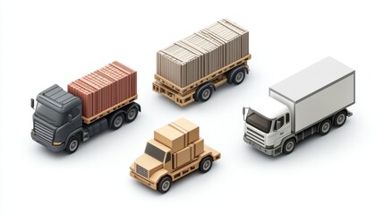 A detailed icon set showcasing a pallet box, a truck, and a ship, ideal for illustrating the logistics chain of cargo delivery